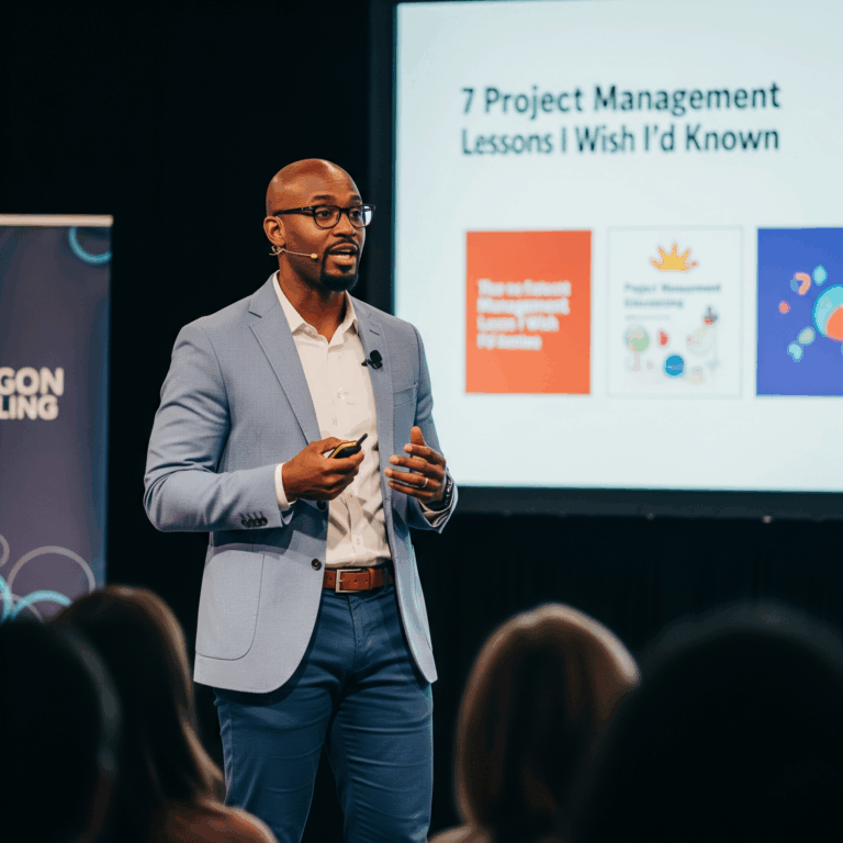 Man giving a keynote talk on stage with a presentation slide titled “7 Project Management Lessons I Wish I’d Known”