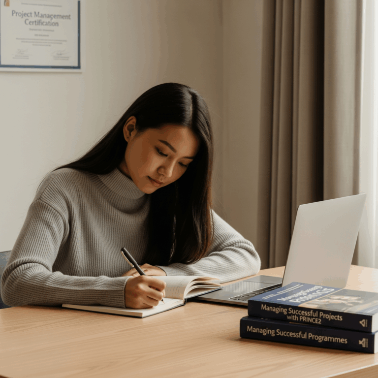 Woman studying for PRINCE2 certification at home with project management books on desk